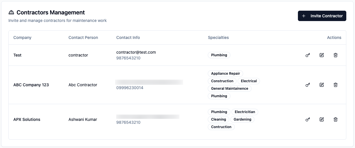 Contractor management interface showing contractor list with contact info and specialties